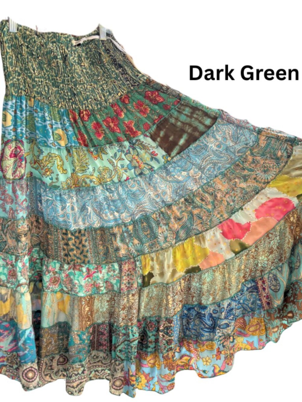 Karma Highway One Size Plus Size Patchwork Boho Maxi Skirt in Green/Brown/Yellow